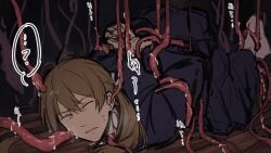 1boy arms_behind_back bondage brown_hair closed_eyes dilf fully_clothed gegege_no_kitarou japanese_clothes kimono kitarou_tanjou_gegege_no_nazo long_hair long_hair_male male male_only osada_genji ponytail restrained solo_focus sweat tentacle tentacle_bondage tentacle_grab tentacle_on_male tori_bakuretu