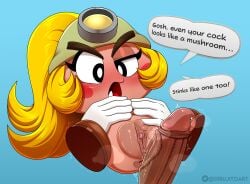 absurd_res ambiguous_gender anthro anus armor big_penis big_pussy blonde_hair blush clothing dibujito disembodied_hand disembodied_penis duo emanata female footwear genitals glans goomba goombella hair headgear headgear_only helmet helmet_only hi_res human human_on_anthro humanoid_genitalia humanoid_penis imminent_sex interspecies male male/female mammal mario_bros nintendo paper_mario penis plump_labia ponytail pussy shoes waddling_head