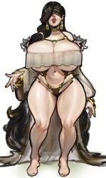 bare_shoulders barefoot black_hair blindfold breasts choker cleavage curvy female_only halterneck heart huge_breasts jewelry long_hair long_sleeves nail_polish navel neroartbox original solo thick_thighs tubetop