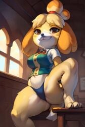 1girls ai_generated animal_crossing anthro belly blue_panties dog_girl female furry gobboai isabelle_(animal_crossing) legs_apart panties sitting solo