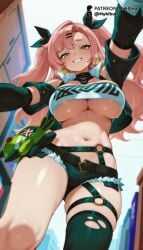 1girls ai_generated bare_shoulders belt black_ribbon black_shorts black_thighhighs blush breasts cleavage crop_top cropped_jacket cutoffs earrings from_below green_eyes grin hair_ornament hair_ribbon hairclip heart_earrings jacket jewelry large_breasts long_hair looking_at_viewer looking_down micro_shorts midriff mole mole_on_thigh mole_under_eye mykibuu navel nicole_demara o-ring open_clothes open_jacket pink_hair pov ribbon short_shorts shorts single_thighhigh skindentation smile solo stomach strapless sweat thigh_strap thighhighs thighs torn_clothes torn_thighhighs tube_top two_side_up underboob zenless_zone_zero