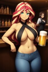 2girls ai_generated alcohol bar bartender beer beer_mug big_breasts bocas_top breasts equestria_girls female friendship_is_magic hasbro jeans large_breasts looking_at_viewer my_little_pony nai_diffusion navel novelai pants stable_diffusion sunset_shimmer