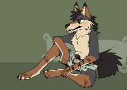 absurd_res anthro arm_tattoo blush bodily_fluids body_hair brown_body brown_fur canid canine canis clothed clothing coyote embarrassed erection eyebrow_slit eyebrows facial_piercing fang_(hrozney) fangs fur genital_fluids green_eyes grey_body grey_fur happy_trail hi_res hiding_erection hrozney leaking_precum leg_tattoo male mammal nose_piercing occult_symbol pentagram pentagram_tattoo piercing precum precum_through_clothing precum_through_underwear pubes septum_piercing snake_tattoo solo symbol tattoo teeth topless topless_male underwear wet wet_clothing wet_underwear