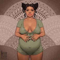 1girls belly big_belly big_breasts breasts bunintheoven cleavage dark-skinned_female dark_skin female hand_on_belly nipple_bulge nose_ring pregnant solo_female