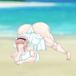 1girls alternate_costume alternate_eye_color ass ass_up bare_legs beach breasts cleavage dress face_down_ass_up female female_only fire_emblem fire_emblem_fates huge_ass huge_breasts jack-o_pose kamui_(artist) muscular muscular_female nintendo ocean one-piece_swimsuit outdoors pink_hair pose sakura_(fire_emblem) smile solo white_swimsuit yellow_eyes