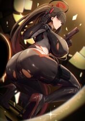 absurdres ass black_bodysuit black_hair blue_archive blunt_bangs blush bodysuit breasts bright_pupils female gun halo handgun highres huge_ass huge_breasts kuutamo long_hair m1911 millennium_science_school_student official_alternate_costume parted_lips ponytail red_eyes ringed_eyes rio_(blue_archive) rio_(bodysuit)_(blue_archive) seminar_(blue_archive) skin_tight solo thighs torn_bodysuit torn_clothes very_long_hair weapon
