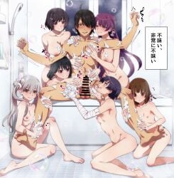 1boy 6+girls ahoge araragi_koyomi balls barefoot bath bathroom black_hair blue_eyes breasts brown_eyes brown_hair closed_mouth commentary_request commission completely_nude erection female flat_chest grey_eyes grey_hair hair_ornament hair_over_one_eye hairclip hanekawa_tsubasa harem higasa_seiu highres indoors kanbaru_suruga large_breasts male medium_breasts minazukio9 monogatari_(series) multiple_girls navel nipples nude oikura_sodachi parted_lips penis pixiv_commission purple_eyes purple_hair sengoku_nadeko senjougahara_hitagi short_hair side_ponytail small_breasts soap_bubbles sound_effects testicles tickling translation_request