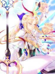 ahoge armor armored_dress artoria_caster_(fate) artoria_caster_(third_ascension)_(fate) artoria_pendragon_(caster) artoria_pendragon_(fate) artoria_pendragon_(lily) blonde_hair blue_bow bow crown excalibur_(fate/stay_night) fate/grand_order fate_(series) female fully_clothed gauntlets green_eyes hairbow highres holding_staff lens_flare no_sex ponytail saber saber_lily sfw sword weapon