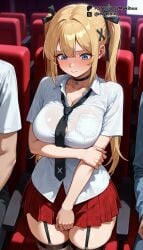 1girls 2boys ai_generated arm_under_breasts black_choker black_garter_straps black_necktie black_ribbon black_thighhighs blonde_hair blue_eyes blush bra_peek bra_visible_through_clothes breast_pocket breasts button_gap choker cleavage closed_mouth collarbone collared_shirt dead_or_alive dead_or_alive_5 dead_or_alive_5_last_round dead_or_alive_6 dress_shirt embarrassed fishnet_thighhighs fishnets garter_straps hair_ornament hair_ribbon hand_on_own_arm large_breasts long_hair looking_down loose_necktie marie_rose miniskirt multiple_boys mykibuu necktie plaid plaid_skirt pleated_skirt pocket red_skirt ribbon school_uniform shirt short_sleeves skirt solo_focus standing thighhighs thighs twintails undersized_clothes white_shirt x_hair_ornament zettai_ryouiki