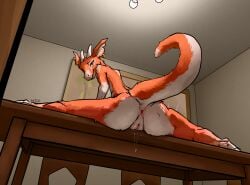 absurd_res anthro anus ass blender_(artwork) bodily_fluids chair digital_media_(artwork) ear_piercing female flexible fur furniture genital_fluids genitals hi_res horn kobold lights looking_at_viewer looking_back mixed_media on_table painting piercing presenting pussy raised_tail scalie shmike1 solo splits spread_legs spreading table tail vaginal_fluids