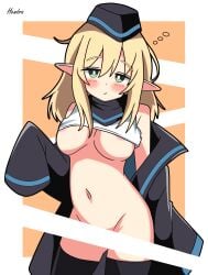 2d arknights blonde_hair blush censored censored_pussy coat coat_on_shoulders durin_(arknights) exposed_pussy female female_only half_naked hendra long_ears looking_at_viewer nipples_visible_through_clothing poking_breasts