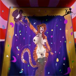 2024 big_breasts big_hips blue_eyes breasts breasts_bigger_than_head brown_hair confetti curtain curvy_female curvy_figure eyelashes eyelashes_visible_through_hair fangs female furry furry_female furry_girl grey_clothing hair long_hair long_tail mia_(twaykoncita) nude nudity orange_body orange_fur orange_tail signature solo solo_focus solo_furry stripes tail taped_nipples taped_pussy throwing throwing_object tiger_ears tiger_girl tiger_stripes tights tigress top_hat twaykoncita white_body white_fur white_tail wide_hips