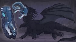 ambiguous_gender balls black_body black_claws black_scales blue_body blue_fur blue_pawpads blue_scales claws dragon duo feral fur genitals grey_anus hi_res larger_pred male male/ambiguous mythological_creature mythological_scalie mythology pawpads perineum santanahoffman scales scalie size_difference ventral_scales vore white_body white_scales