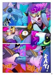 anthro balls canid canine canis clothed clothing comic duo fangs genitals glans hi_res humanoid_genitalia humanoid_penis irrumatio male male/male male_penetrated male_penetrating male_penetrating_male mammal open_mouth oral penetration penile penis peritian question_mark sex teeth vein veiny_penis wolf
