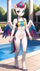 1girls 2025 ai_generated anthro blue_eyes blue_feathers blue_hair blushing bottomless bottomless_female digitigrade dripping equine female female_only hasbro hi_res innie_pussy my_little_pony outdoors pink_feathers pink_hair pony pool purple_feathers pussy smile swimwear walking wet wet_body white_feathers white_fur wings zipp_storm_(mlp)