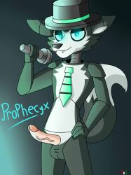 1boy 4_fingers animatronic anthro balls black_fur black_nose blue_eyes cute_fang cute_fangs erect_penis erection fangs grey_fur half-closed_eyes hand_on_hip hat lechugansfw looking_at_viewer male male_only microphone penis prophecyx robot solo tail testicles tie top_hat veiny veiny_penis white_fur wolf wolf_tail youtube youtube_hispanic youtuber_boy