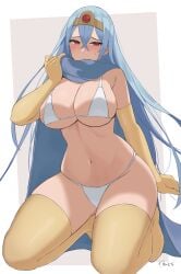 1girls belly_button big_breasts bikini bikini_armor blue_hair blush breasts cape clothed curvy dragon_quest dragon_quest_iii embarrassed female female_only gloves hair_between_eyes headgear kneeling leggings looking_at_viewer red_eyes sage sage_(dq3) square_enix white_skin