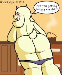 anthro artist_name ass blush boss_monster_(undertale) bovid caprine clothing dialogue digital_drawing_(artwork) digital_media_(artwork) english_text female fur goat hi_res horn long_ears looking_at_viewer mammal mature_anthro mature_female open_mouth panties smile smokyquartz1917 solo speech_bubble tail text thick_thighs toriel undertale undertale_(series) underwear white_body white_fur