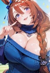 ai_generated animal_ears big_breasts blue_eyes braided_hair cleavage female horse_girl long_hair looking_at_viewer ribbon super_creek_(umamusume) umamusume umamusume_pretty_derby