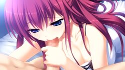 1boy arm_support between_legs breasts camisole censored cleavage clothed_female_nude_male collarbone completely_nude dutch_angle erection fellatio female fumio_(ura_fmo) game_cg grisaia_(series) grisaia_no_kajitsu hair_between_eyes hair_rings half-closed_eyes handjob highres kazami_yuuji kneeling large_breasts leaning_forward long_hair long_sidelocks looking_at_another looking_at_viewer male mosaic_censoring narrowed_eyes navel non-web_source nude on_bed oral penis pov raised_inner_eyebrows red_hair shirt sidelocks suou_amane thick_eyelashes thighs three_quarter_view tsurime upper_body very_long_hair white_camisole white_shirt