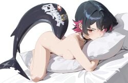 bed black_hair blush closed_mouth collar ellen_joe fully_nude head_on_pillow hectorrambito looking_at_viewer lying lying_down lying_on_stomach naked pillow red_eyes red_highlights shark shark_girl shark_tail sideboob suggestive suggestive_look suggestive_pose thick_thighs thighs zenless_zone_zero