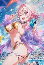 ai_generated big_breasts bikini breasts camera curvy_body curvy_female curvy_figure female golden_bikini honkai:_star_rail march_7th_(honkai:_star_rail) open_mouth peace_sign people_in_background pink_hair raaicave sky_background