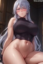 1girls ai_generated ak-15_(girls'_frontline) big_breasts blush bottomless breasts female female_only fit_female girls'_frontline grey_hair long_hair looking_at_viewer midriff patreon purple_eyes pussy ringed_eyes salupai sitting solo solo_female sports_bra stomach uncensored watermark