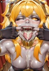 ai_dota_ai ai_generated armpits blonde_hair blush breasts covered_nipples cum cum_in_mouth cum_on_body cum_on_breasts cum_on_tongue dota_2 facial female freckles grey_skin long_hair looking_at_viewer medium_breasts one_eye_closed open_mouth orange_eyes shiny_skin solo sweat teeth tongue tongue_out trembling twintails upper_body uvula valora_the_dawnbreaker yellow_eyes