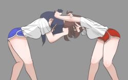 2d 2girls artist_request catfight female female_only fully_clothed grabbing_another's_hair hair_pull hair_pulling multiple_girls school_uniform schoolgirl shorts sportswear tagme thighs