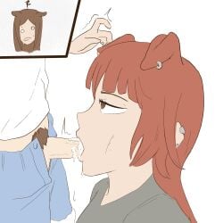 2girls brown_hair cum cum_in_mouth dog_ears fanart fellatio female incest mitsu_(hitsujigoods) orgasm penis sisters tail trans_woman vhs_doggy white_background yuri