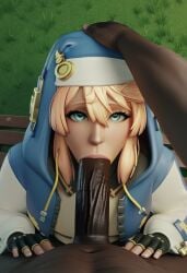 1femboy 2boys 3d ai_generated aqua_eyes big_penis blonde_hair blowjob bridget clothed dark-skinned_male fellatio gay gay_sex generalbutch_(style) guilty_gear guilty_gear_strive hand_on_head hood huge_cock interracial light-skinned_male looking_at_viewer maledom nature nature_background outdoors outside outside_sex park park_bench pov public_sex sodaglow_artist submissive_femboy tagme