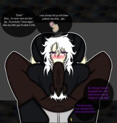 alternate_version_at_source alternate_version_available artist_self-insert blowjob blush chainsaw_man dark-skinned_male dark_penis dark_skin dialogue english_text fami_(chainsaw_man) fellatio female huge_ass huge_breasts huge_cock huge_thighs human human_female insulting_partner interracial light-skinned_female light_skin male male/female original_character pubic_hair purple_eyes raceplay school_uniform self_insert semi_naked semi_nude simple_background simple_shading small_penis small_penis_humiliation sucking_penis talking_to_another white_hair