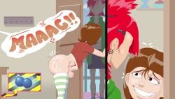 1futa 1girls angry balls blue_balls femboy foster's_home_for_imaginary_friends googoogaagaa hiding_behind_object mac_(fhfif) poppy-whomper tagme talking_to_another