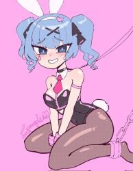 blue_hair blush blush_lines bunny_ears bunny_tail chains clothed collar female greyl1me hatsune_miku heart kinky latex rabbit_hole_(vocaloid) shackled shackles simple_background smiling smiling_at_viewer tagme thick_thighs thighhighs tie tied_up vocaloid