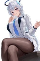 1girls absurdres black_pantyhose blazer blue_archive blue_halo blue_necktie blunt_bangs blush breasts collared_shirt commentary crossed_legs from_below halo hand_up headgear highres jacket large_breasts light_blush long_hair long_sleeves looking_at_viewer mechanical_halo miniskirt necktie noa_(blue_archive) open_clothes open_jacket open_mouth pantyhose pleated_skirt purple_eyes shirt shirt_tucked_in simple_background sitting skirt solo very_long_hair white_background white_halo white_jacket white_shirt white_skirt ya_ta