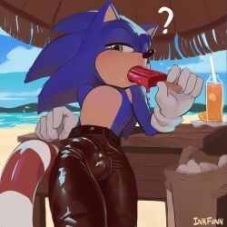 1boy ai_generated beach black_pants blue_fur bulge eating furry green_eyes inkfunn leather_pants looking_at_viewer male male_only orange_juice penis_outline popsicle popsicle_in_mouth question_mark sega shadow solo sonic_(series) sonic_the_hedgehog sonic_the_hedgehog_(series)