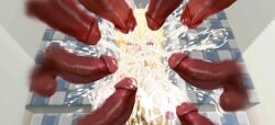 bukkake covered_in_cum excessive_cum group_masturbation huge_breasts huge_cock multiple_penises tagme toilet_slave