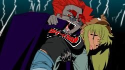 arianne-chan bachatota big_breasts black_shirt blood_stain breasts brown_skin dead_eyes doomverse evil_smile fanart fangs female grabbing_from_behind green_hair hat jacket jerry_(doomverse) knocked_out red_eyes red_hair shorts sunglasses tongue_out vampire