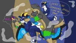 absurd_res abys_171 anthro blue_body blue_penis body_swap canid canine dragon duo eyewear genitals glasses grey_body hi_res male male/male mammal mythological_creature mythological_scalie mythology paws penis pinned scalie sex wings yellow_penis