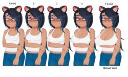 animal_ears bear_ears bear_girl black_hair blacksmith blush breast_expansion dark-skinned_female dark_skin embarrassed glasses half_frame_glasses hi_res huge_breasts kemonomimi large_breasts long_hair midriff nekomatic red_glasses shy small_breasts tank_top tomboy two_tone_hair white_background