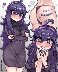 1boy 1girls ass blush body_writing breasts btms666 cum ejaculation female game_freak heart-shaped_pupils hex_maniac long_hair nintendo panties penis pokemon pokemon_xy purple_eyes purple_hair solo thick_thighs thighs