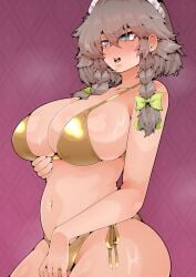 1girls big_breasts bikini blue_eyes breasts brown_hair busty cleavage female female_only gold_bikini highres izayoi_sakuya large_breasts legs maid_headdress navel open_mouth sakuya_izayoi sensual short_hair side-tie_bikini_bottom sideboob solo sweat swimsuit teeth thighs tongue touhou voluptuous