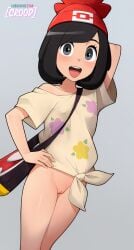 2d :d artist_name bag beanie black_hair blush bottomless cleft_of_venus commentary covered_nipples english_commentary female gradient_background grey_background grey_eyes hand_on_own_hip hat highres loodncrood looking_at_viewer off-shoulder_shirt off_shoulder open_mouth pokemon pokemon_sm pussy red_hat selene_(pokemon) shirt short_hair short_sleeves shoulder_bag smile solo standing subscribestar_logo subscribestar_username thighs tied_shirt uncensored