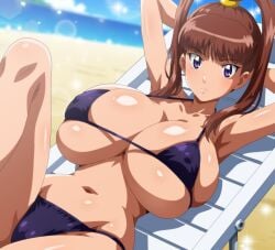 armpits arms_behind_head beach black_bikini blush digimon digimon_xros_wars expressionless hitokiwa_kenchin innie_navel lying_on_back narrow_waist navel nene_amano raised_knee skindentation sunlight
