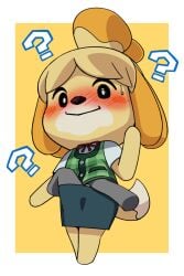 ambiguous_gender animal_crossing anthro blush canid canine canis cardigan clothing domestic_dog duo female full-length_portrait fur hand_in_skirt hand_in_underwear hand_under_clothing hi_res isabelle_(animal_crossing) looking_down mammal nintendo portrait shih_tzu simple_background surprise surprised surprised_expression toy_dog underwear unknown_artist yellow_body yellow_fur