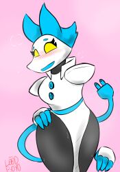2022 android animal_humanoid blue_eyebrows blue_tail clothed clothing darkner deltarune digital_media_(artwork) eyebrows eyelashes female fingers floating_hands hi_res humanoid machine mammal no_irises robot solo tail tasque_manager_(deltarune) thick_thighs undertale_(series) yellow_eyes