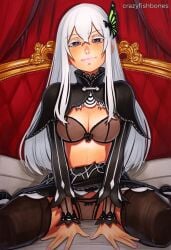 2025 ai_generated artist_name breasts cowgirl_position crazyfishbones echidna_(re:zero) female fishnet_legwear fishnets long_hair re:zero_kara_hajimeru_isekai_seikatsu straddling straight underwear