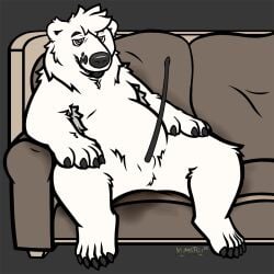 1:1 animal_genitalia animal_penis anthro armpit_hair balls bear black_penis body_hair digital_media_(artwork) disproportionate_genitalia erection fur furniture genitals hi_res kumatsu laid_back long_penis male male_only mammal nude open_mouth overweight overweight_male penis polar_bear relaxed_expression sheath simple_background sitting slightly_chubby small_balls sofa solo spread_legs spreading sweat_stain thin_penis ursine ursine_penis white_body white_fur