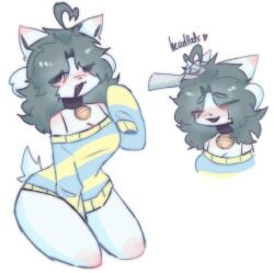 4_ears bell blush cat_ears cute dog_ears gray_hair headpat medium_breasts petting scentedpocky striped_shirt temmie_(undertale) thick_thighs thighs undertale white_body white_fur