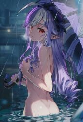 ai_generated elf_ears elf_female naked_female naked_in_public night_background raaicave raining red_hair umbrella vivian_(zenless_zone_zero) zenless_zone_zero